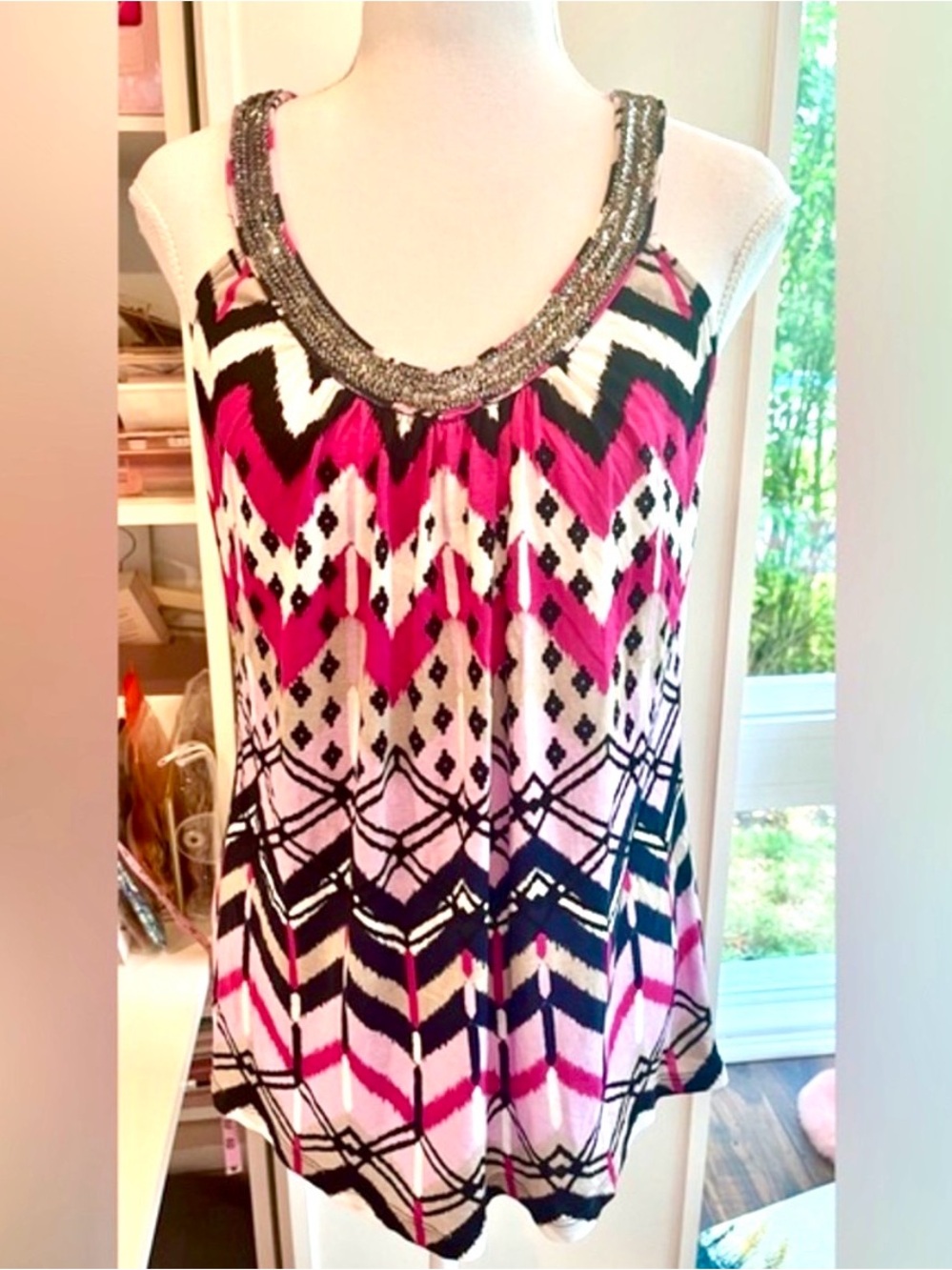 INC NWOT Pink Black Zigzag Beaded Tank Top Small Flowy Y2K